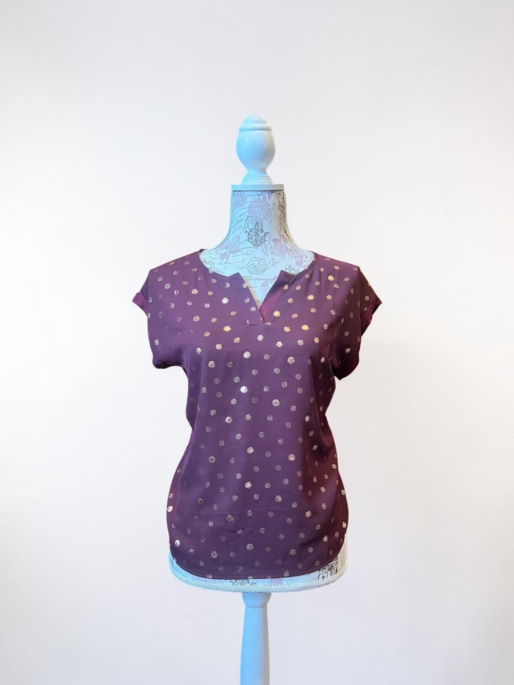 Authentic Papermoon Petite Stitch Fix Mixed Gold Dot Blouse Burgundy Plum NWT
